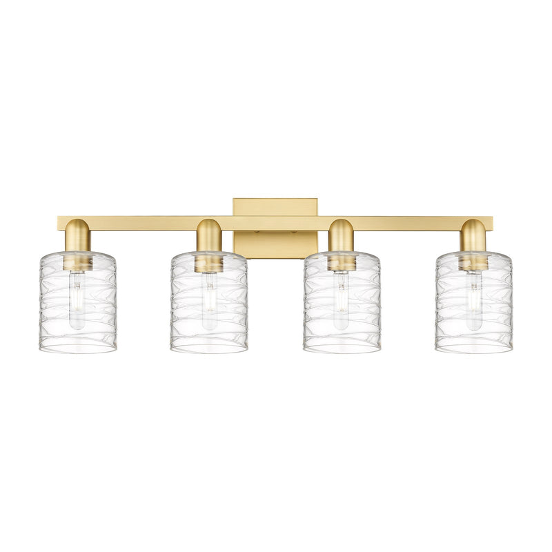 Innovations Cobbleskill 32in 4-Light Bath Vanity Light | Industrial Modern Satin Gold Steel and Deco Swirl Clear Glass | Bathroom | Model 716-4W-SG-G1113