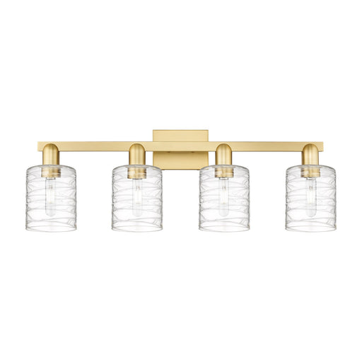 Innovations Cobbleskill 32in 4-Light Bath Vanity Light | Industrial Modern Satin Gold Steel and Deco Swirl Clear Glass | Bathroom | Model 716-4W-SG-G1113
