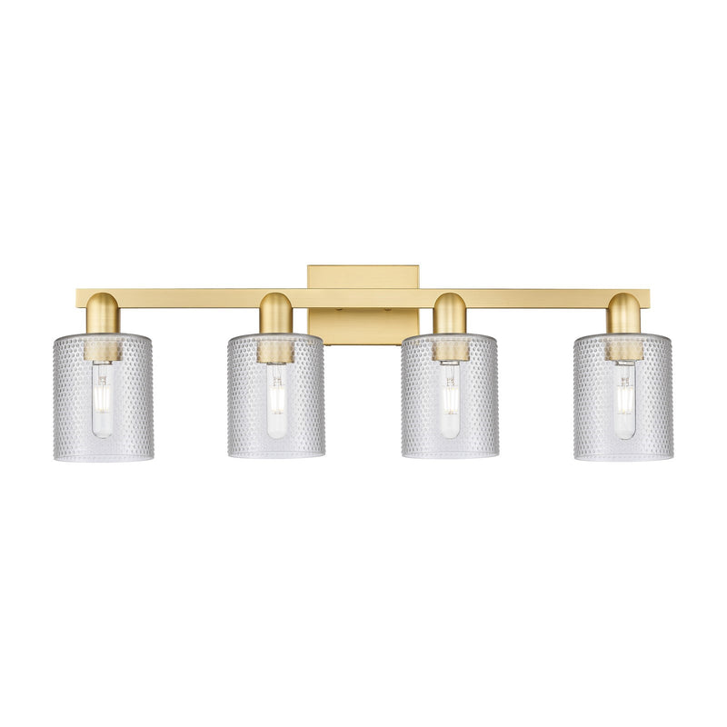 Innovations Cobbleskill 32in 4-Light Bath Vanity Light | Industrial Satin Gold Steel and Cast Brass with Clear Glass Shades | Model 716-4W-SG-G112
