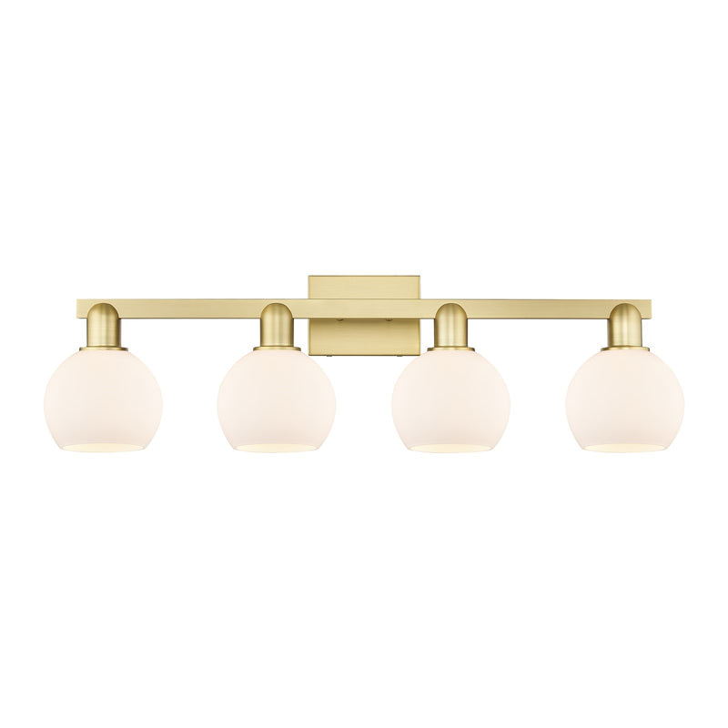 Innovations Athens 33in 4-Light Bath Vanity Light | Industrial Satin Gold Steel and Matte White Glass | Bathroom Vanity & Powder | Model 716-4W-SG-G121-6
