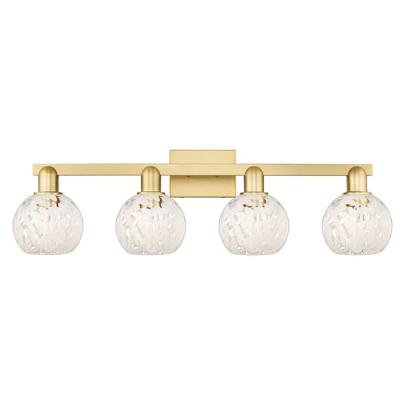 Innovations Lighting White Mouchette 33in 4-Light Bath Vanity | Industrial Satin Gold Steel and White Glass Globe Shades | Model 716-4W-SG-G1216-6WM