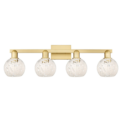 Innovations Lighting White Mouchette 33in 4-Light Bath Vanity | Industrial Satin Gold Steel and White Glass Globe Shades | Model 716-4W-SG-G1216-6WM