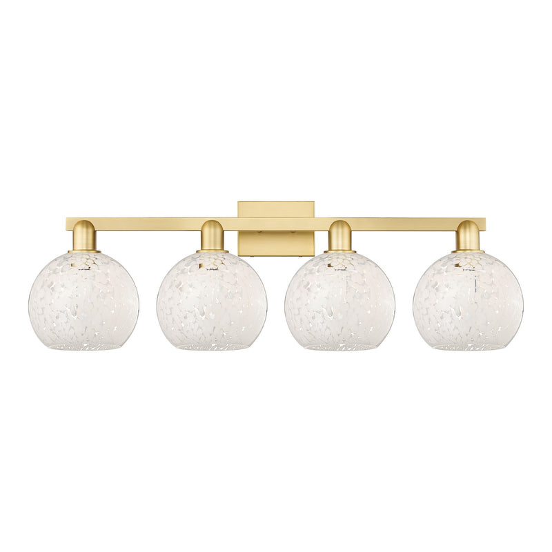 Innovations White Mouchette 35in 4-Light Bath Vanity | Industrial Satin Gold Steel and Cast Brass with White Glass Shades | Model 716-4W-SG-G1216-8WM
