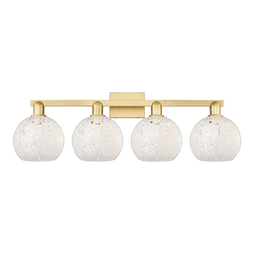 Innovations White Mouchette 35in 4-Light Bath Vanity | Industrial Satin Gold Steel and Cast Brass with White Glass Shades | Model 716-4W-SG-G1216-8WM