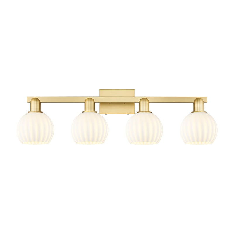 Innovations Lighting Arcadia 33in 4-Light Bath Vanity | Industrial Satin Gold Steel and White Venetian Glass | Bathroom Vanity | Model 716-4W-SG-G1217-6WV