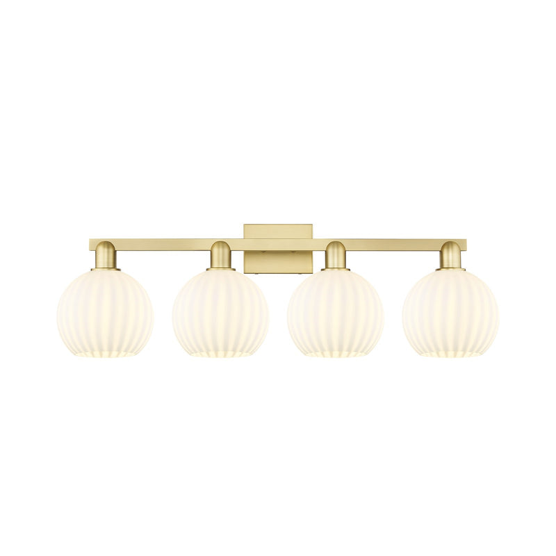 Innovations Lighting White Venetian 35in 4-Light Bath Vanity | Industrial Satin Gold Steel and White Glass | Bathroom & Powder | Model 716-4W-SG-G1217-8WV