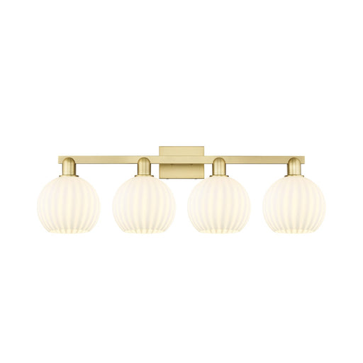 Innovations Lighting White Venetian 35in 4-Light Bath Vanity | Industrial Satin Gold Steel and White Glass | Bathroom & Powder | Model 716-4W-SG-G1217-8WV