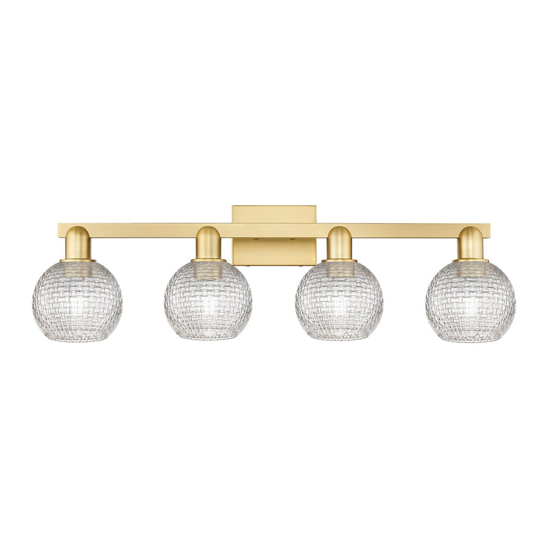 Innovations Athens 33in 4-Light Bath Vanity Light | Industrial Satin Gold Steel and Clear Basket Weave Glass | Bathroom Vanity | Model 716-4W-SG-G122C-6CL