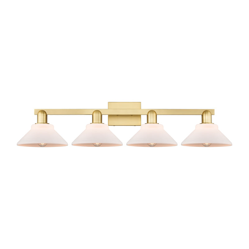 Innovations Orwell 35in 4-Light Bath Vanity Light | Industrial Satin Gold Steel and Matte White Glass | Bathroom Vanity & Powder | Model 716-4W-SG-G131