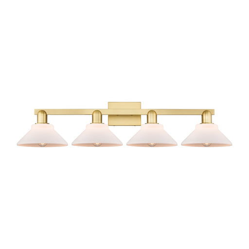 Innovations Orwell 35in 4-Light Bath Vanity Light | Industrial Satin Gold Steel and Matte White Glass | Bathroom Vanity & Powder | Model 716-4W-SG-G131