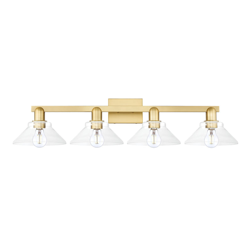 Innovations Orwell 35in 4-Light Bath Vanity Light | Industrial Satin Gold Steel and Clear Glass | Entryway & Bathroom | Model 716-4W-SG-G132