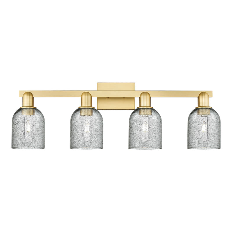 Innovations Caledonia 32in 4-Light Bath Vanity Light | Industrial Satin Gold Steel and Charcoal Glass | Bathroom Vanity & Powder | Model 716-4W-SG-G257