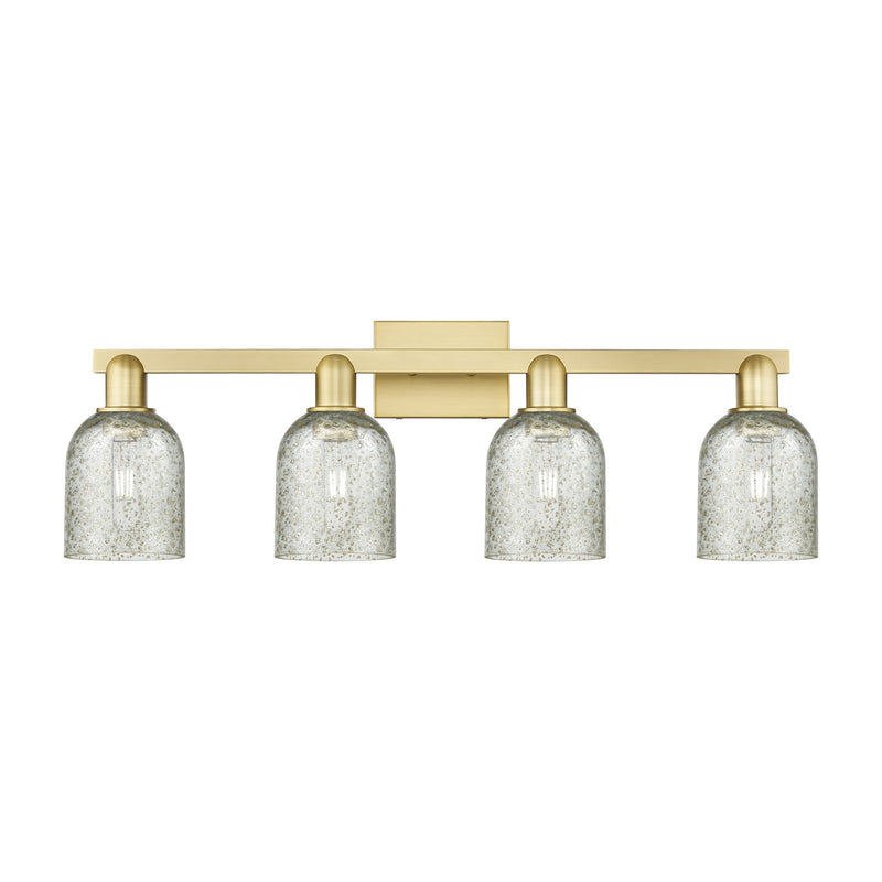 Innovations Caledonia 32in 4-Light Bath Vanity Light | Industrial Satin Gold Steel and Mica Glass | Bathroom Vanity | Model 716-4W-SG-G259
