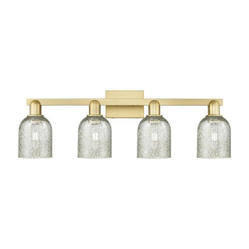 Innovations Caledonia 32in 4-Light Bath Vanity Light | Industrial Satin Gold Steel and Mica Glass | Bathroom Vanity | Model 716-4W-SG-G259