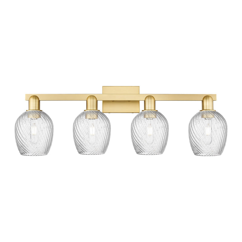 Innovations Salina 33in 4-Light Bath Vanity Light | Industrial Satin Gold Steel and Clear Spiral Fluted Glass | Bathroom Vanity & | Model 716-4W-SG-G292