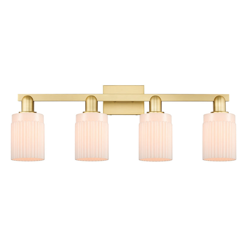 Innovations Hadley 32in 4-Light Bath Vanity Light | Industrial Satin Gold Steel and Matte White Ribbed Glass | Bathroom Vanity | Model 716-4W-SG-G341