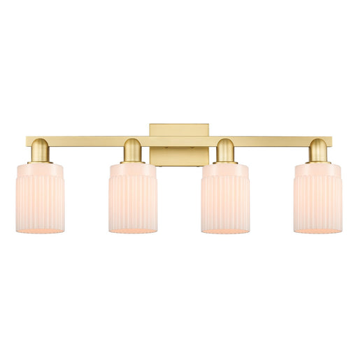 Innovations Hadley 32in 4-Light Bath Vanity Light | Industrial Satin Gold Steel and Matte White Ribbed Glass | Bathroom Vanity | Model 716-4W-SG-G341