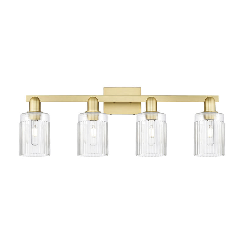 Innovations Hadley 32in 4-Light Bath Vanity Light | Industrial Satin Gold Steel and Clear Ribbed Glass | Entryway & Hallway Accent | Model 716-4W-SG-G342