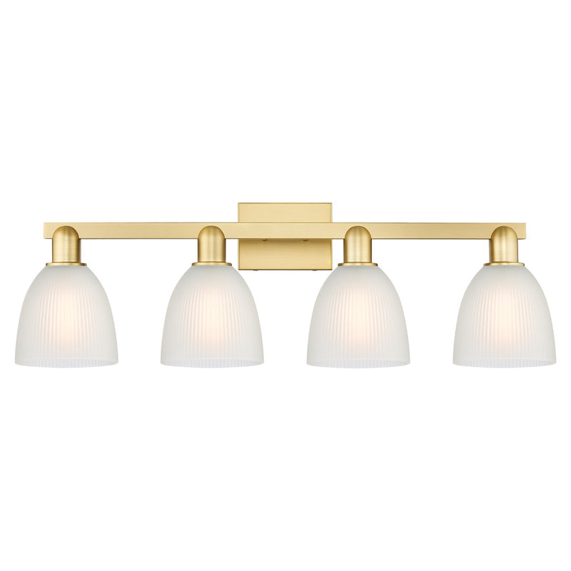 Innovations Castile 33in 4-Light Bath Vanity Light | Industrial Satin Gold Steel and White Glass | Bathroom Vanity Light | Model 716-4W-SG-G381