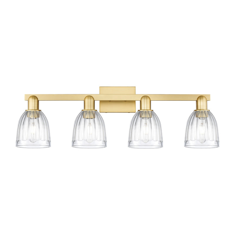 Innovations Brookfield 33in 4-Light Bath Vanity Light | Industrial Satin Gold Steel and Clear Ribbed Glass | Bathroom Vanity | Model 716-4W-SG-G442