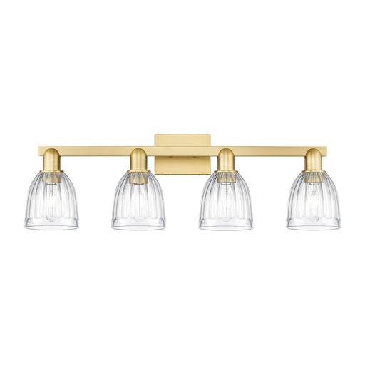 Innovations Brookfield 33in 4-Light Bath Vanity Light | Industrial Satin Gold Steel and Clear Ribbed Glass | Bathroom Vanity | Model 716-4W-SG-G442