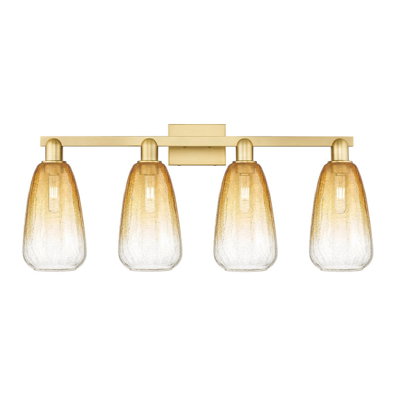 Innovations Brookhaven Almond 33in 4-Light Bath Vanity Light | Industrial Satin Gold Steel and Amber Glass | Bathroom Vanity | Model 716-4W-SG-G480-6AM