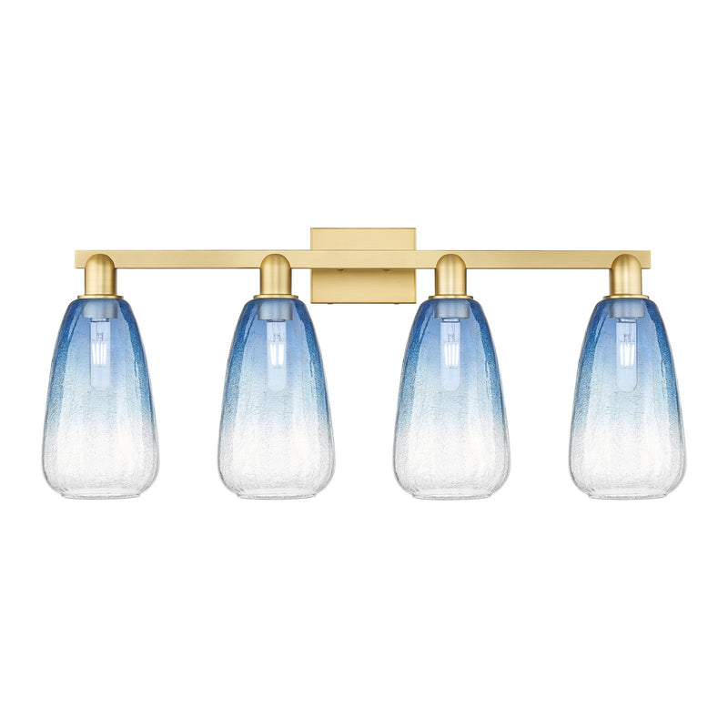 Innovations Brookhaven Almond 33in 4-Light Bath Vanity Light | Industrial Satin Gold Steel and Sapphire Blue Glass | Bathroom | Model 716-4W-SG-G480-6SB