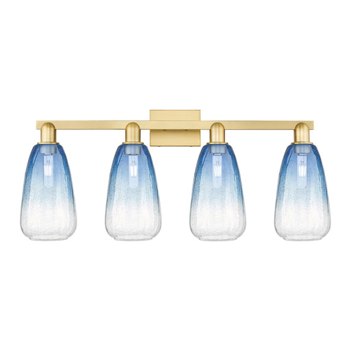 Innovations Brookhaven Almond 33in 4-Light Bath Vanity Light | Industrial Satin Gold Steel and Sapphire Blue Glass | Bathroom | Model 716-4W-SG-G480-6SB