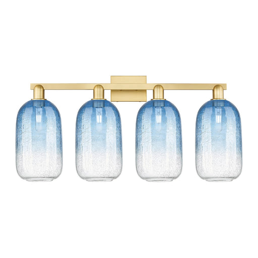 Innovations Brookhaven Cloche 34in 4-Light Bath Vanity Light | Industrial Satin Gold Steel and Cast Brass with Sapphire Blue | Model 716-4W-SG-G482-7SB