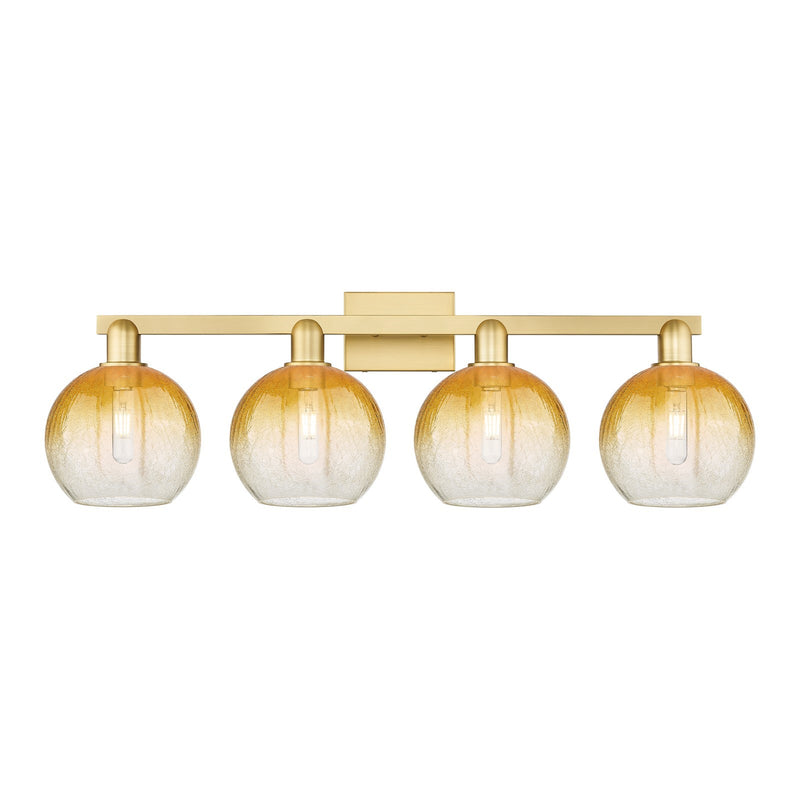 Innovations Brookhaven Globe 35in 4-Light Bath Vanity Light | Industrial Satin Gold Steel and Amber Glass | Bathroom Vanity | Model 716-4W-SG-G483-8AM