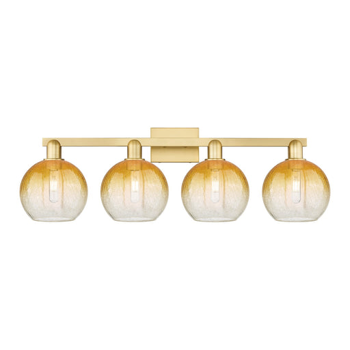 Innovations Brookhaven Globe 35in 4-Light Bath Vanity Light | Industrial Satin Gold Steel and Amber Glass | Bathroom Vanity | Model 716-4W-SG-G483-8AM