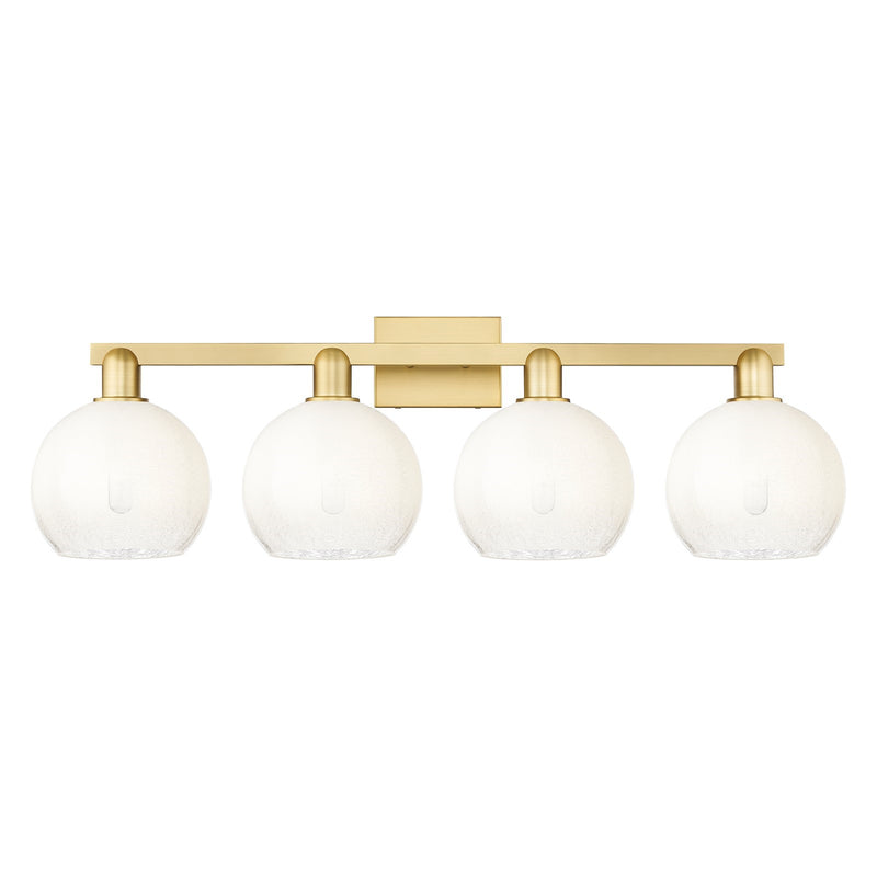 Innovations Brookhaven Globe 35in 4-Light Bath Vanity Light | Industrial Satin Gold Steel and Opal Glass | Bathroom Vanity | Model 716-4W-SG-G483-8OP