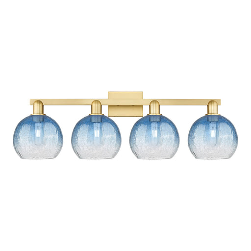 Innovations Brookhaven Globe 35in 4-Light Bath Vanity Light | Industrial Satin Gold Steel and Sapphire Blue Glass | Bathroom | Model 716-4W-SG-G483-8SB