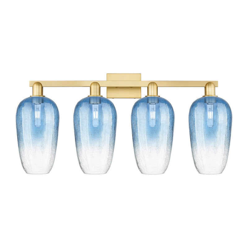 Innovations Brookhaven Flute 34in 4-Light Bath Vanity Light | Industrial Satin Gold Steel and Sapphire Blue Glass | Bathroom | Model 716-4W-SG-G484-7SB