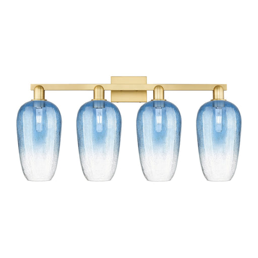 Innovations Brookhaven Flute 34in 4-Light Bath Vanity Light | Industrial Satin Gold Steel and Sapphire Blue Glass | Bathroom | Model 716-4W-SG-G484-7SB