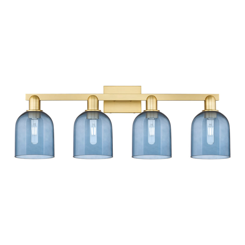 Innovations Bella 33in 4-Light Bath Vanity Light | Industrial Satin Gold Steel and Blue Glass | Bathroom Vanity Damp Rated | Model 716-4W-SG-G558-6BL