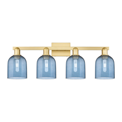 Innovations Bella 33in 4-Light Bath Vanity Light | Industrial Satin Gold Steel and Blue Glass | Bathroom Vanity Damp Rated | Model 716-4W-SG-G558-6BL