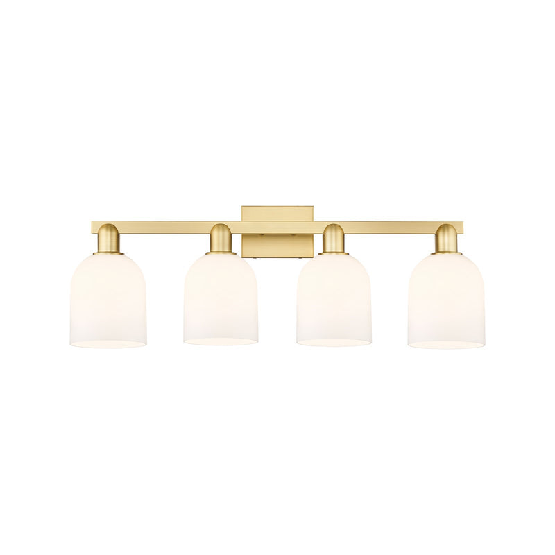 Innovations Bella 33in 4-Light Bath Vanity Light | Satin Gold Steel and Cast Brass with White Bell Glass | Bathroom Vanity | Model 716-4W-SG-G558-6GWH