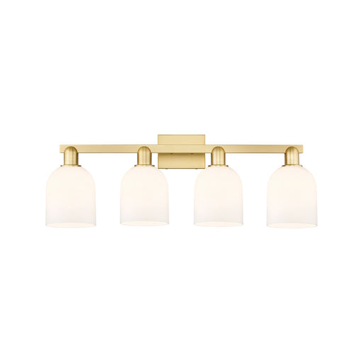 Innovations Bella 33in 4-Light Bath Vanity Light | Satin Gold Steel and Cast Brass with White Bell Glass | Bathroom Vanity | Model 716-4W-SG-G558-6GWH