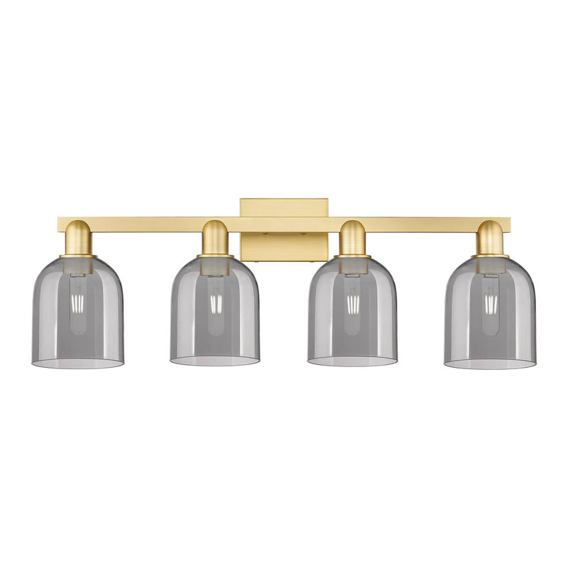 Innovations Bella 33in 4-Light Bath Vanity Light | Industrial Satin Gold Steel and Cast Brass with Light Smoke Bell Glass | Model 716-4W-SG-G558-6SM
