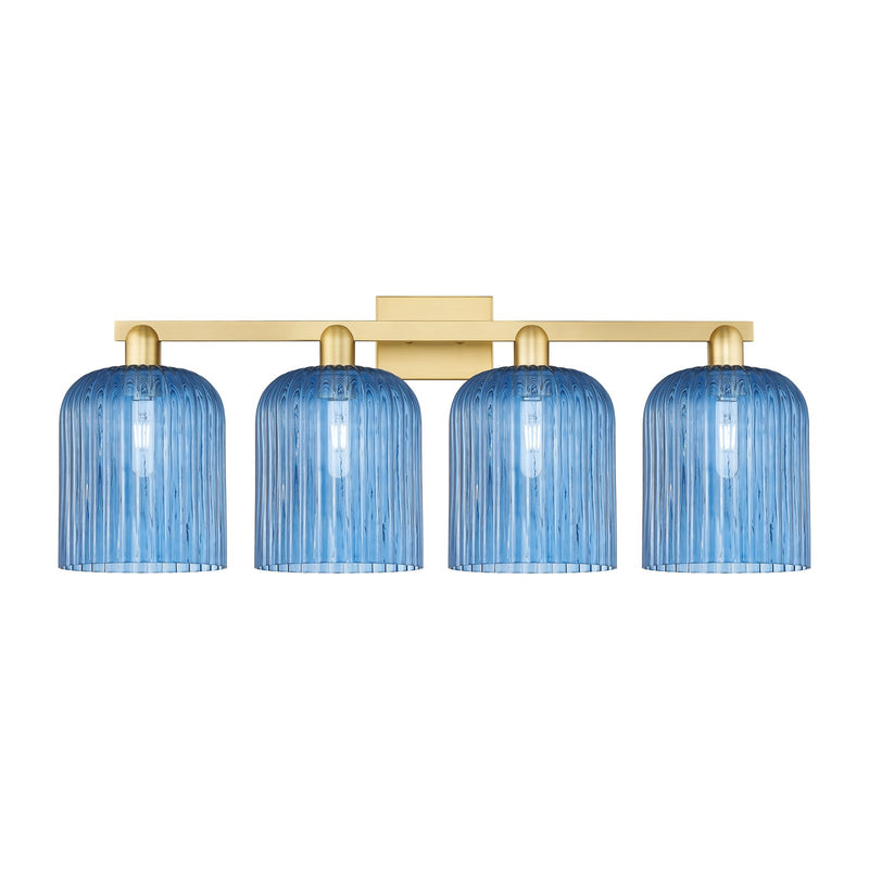 Innovations Bridal Veil 35in 4-Light Bath Vanity Light | Industrial Satin Gold Steel and Princess Blue Ribbed Glass | Bathroom | Model 716-4W-SG-G559-8BL