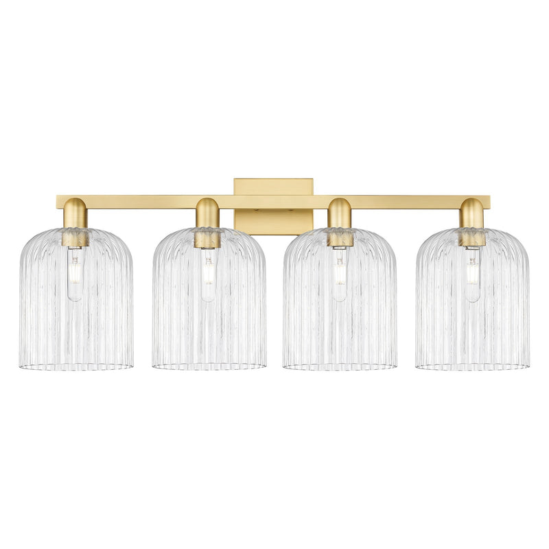 Innovations Bridal Veil 35in 4-Light Bath Vanity Light | Industrial Satin Gold Steel and Clear Ribbed Glass | Bathroom Vanity | Model 716-4W-SG-G559-8CL