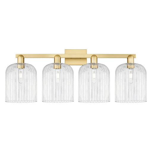 Innovations Bridal Veil 35in 4-Light Bath Vanity Light | Industrial Satin Gold Steel and Clear Ribbed Glass | Bathroom Vanity | Model 716-4W-SG-G559-8CL