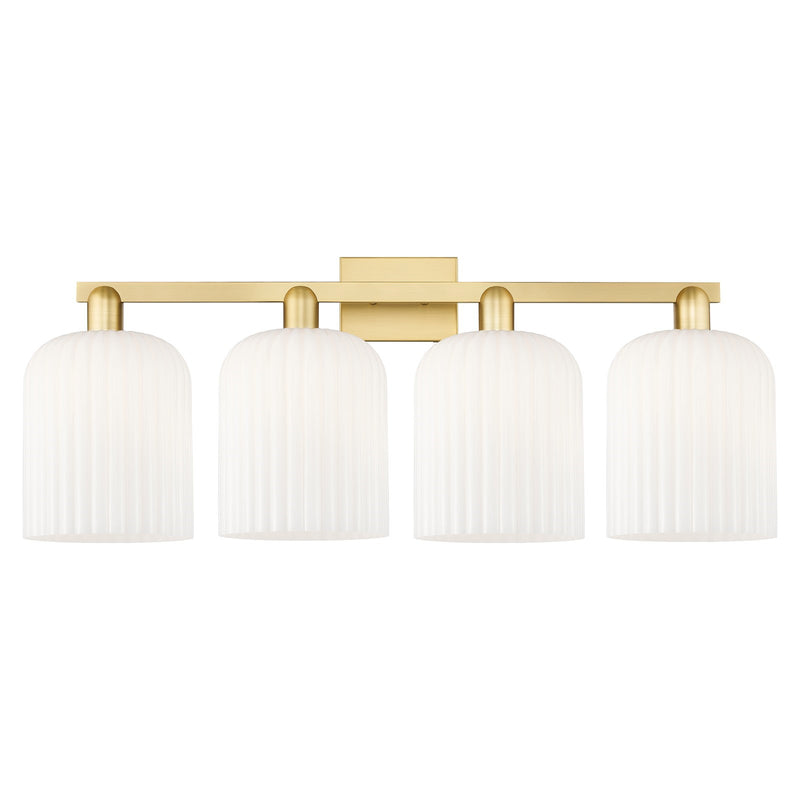 Innovations Bridal Veil 35in 4-Light Bath Vanity | Industrial Satin Gold Steel and Gloss White Ribbed Glass | Bathroom & | Model 716-4W-SG-G559-8GWH