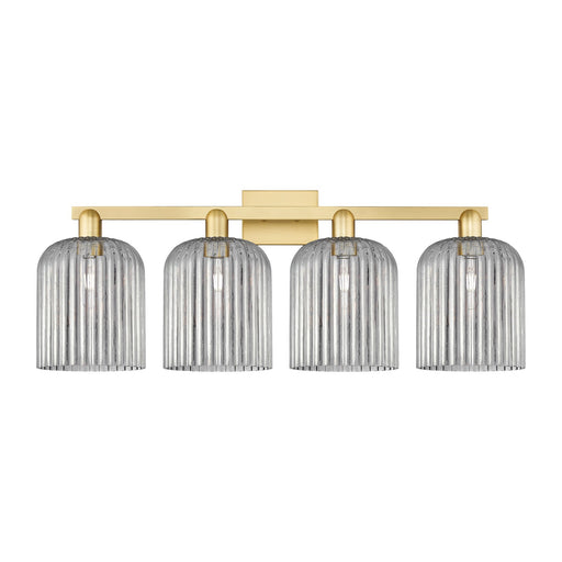 Innovations Bridal Veil 35in 4-Light Bath Vanity Light | Industrial Satin Gold Steel and Cast Brass with Light Smoke Ribbed | Model 716-4W-SG-G559-8SM