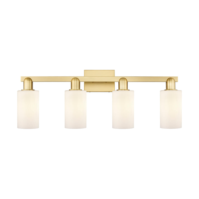 Innovations Clymer 31in 4-Light Bath Vanity Light | Industrial Modern Contempo Satin Gold and Matte White Glass | Bathroom Vanity | Model 716-4W-SG-G801