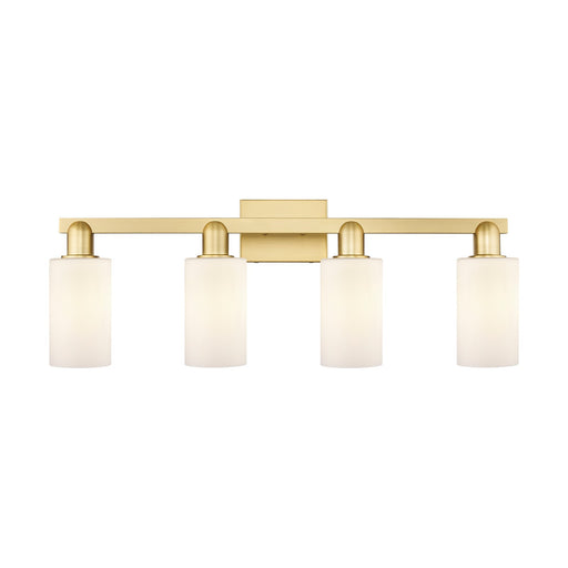 Innovations Clymer 31in 4-Light Bath Vanity Light | Industrial Modern Contempo Satin Gold and Matte White Glass | Bathroom Vanity | Model 716-4W-SG-G801