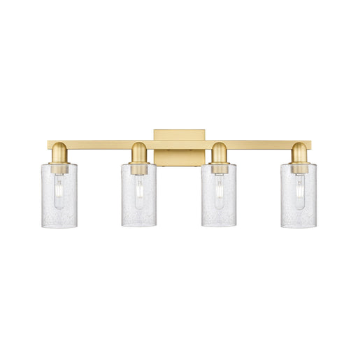 Innovations Clymer 31in 4-Light Bath Vanity Light | Industrial Satin Gold Steel and Seedy Glass | Bathroom Vanity | Model 716-4W-SG-G804