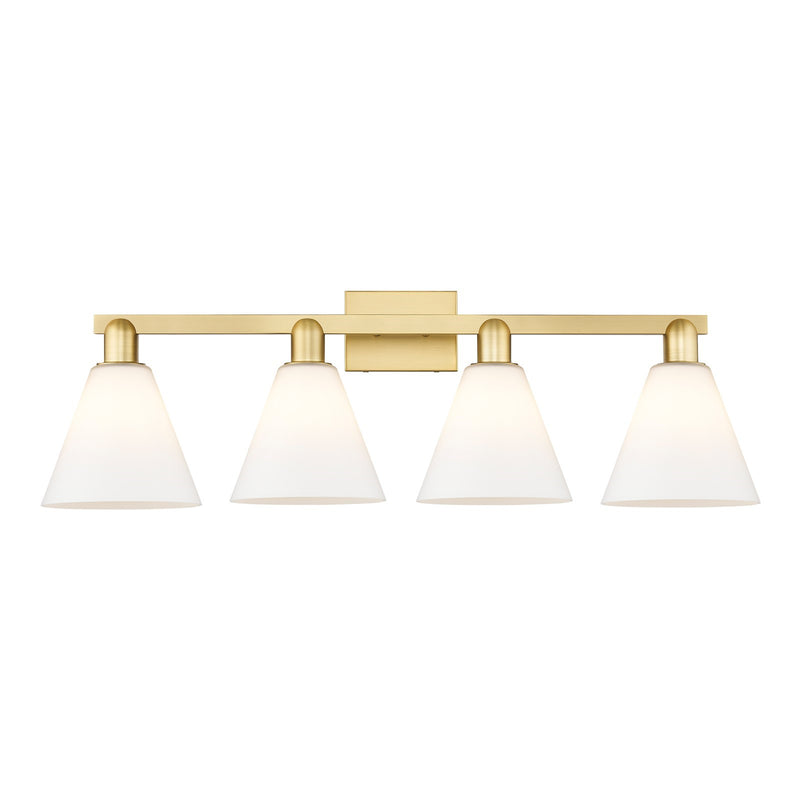 Innovations Berkshire Glass 35in 4-Light Bath Vanity | Industrial Satin Gold Steel and Matte White Glass | Bathroom Vanity Light | Model 716-4W-SG-GBC-81