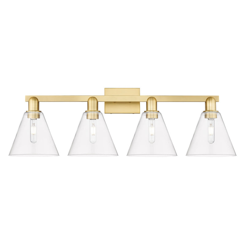 Innovations Berkshire Glass 35in 4-Light Bath Vanity | Industrial Satin Gold Steel and Clear Cone Glass | Bathroom Vanity Light | Model 716-4W-SG-GBC-82